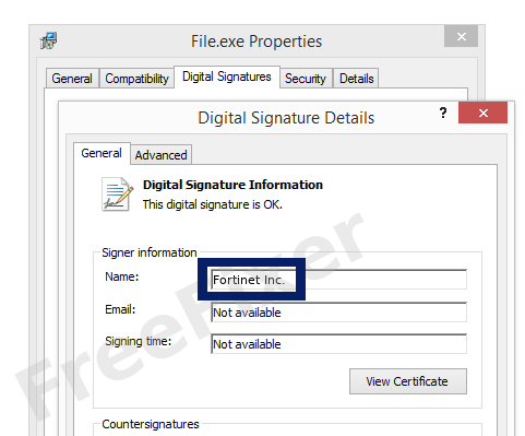 Screenshot of the Fortinet Inc. certificate